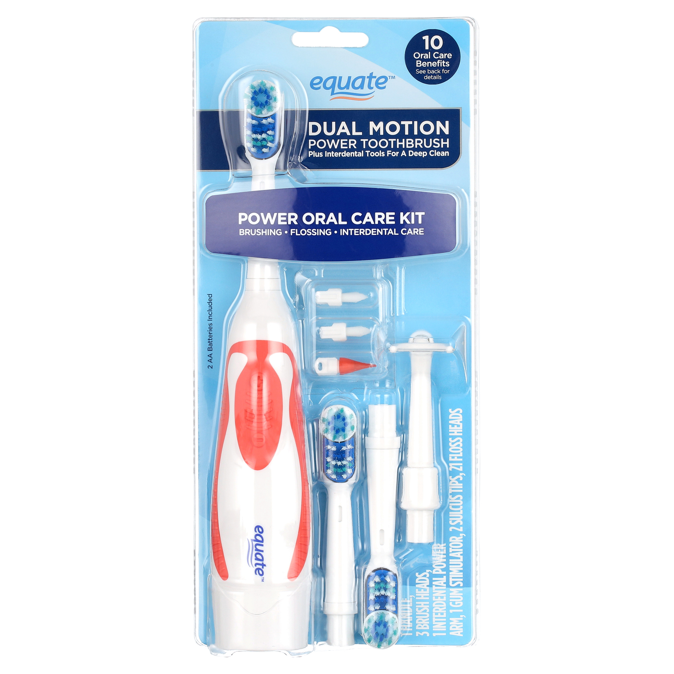 Equate Dual Motion Power Oral Care Kit with Interdental Tools, Soft Bristles Equate