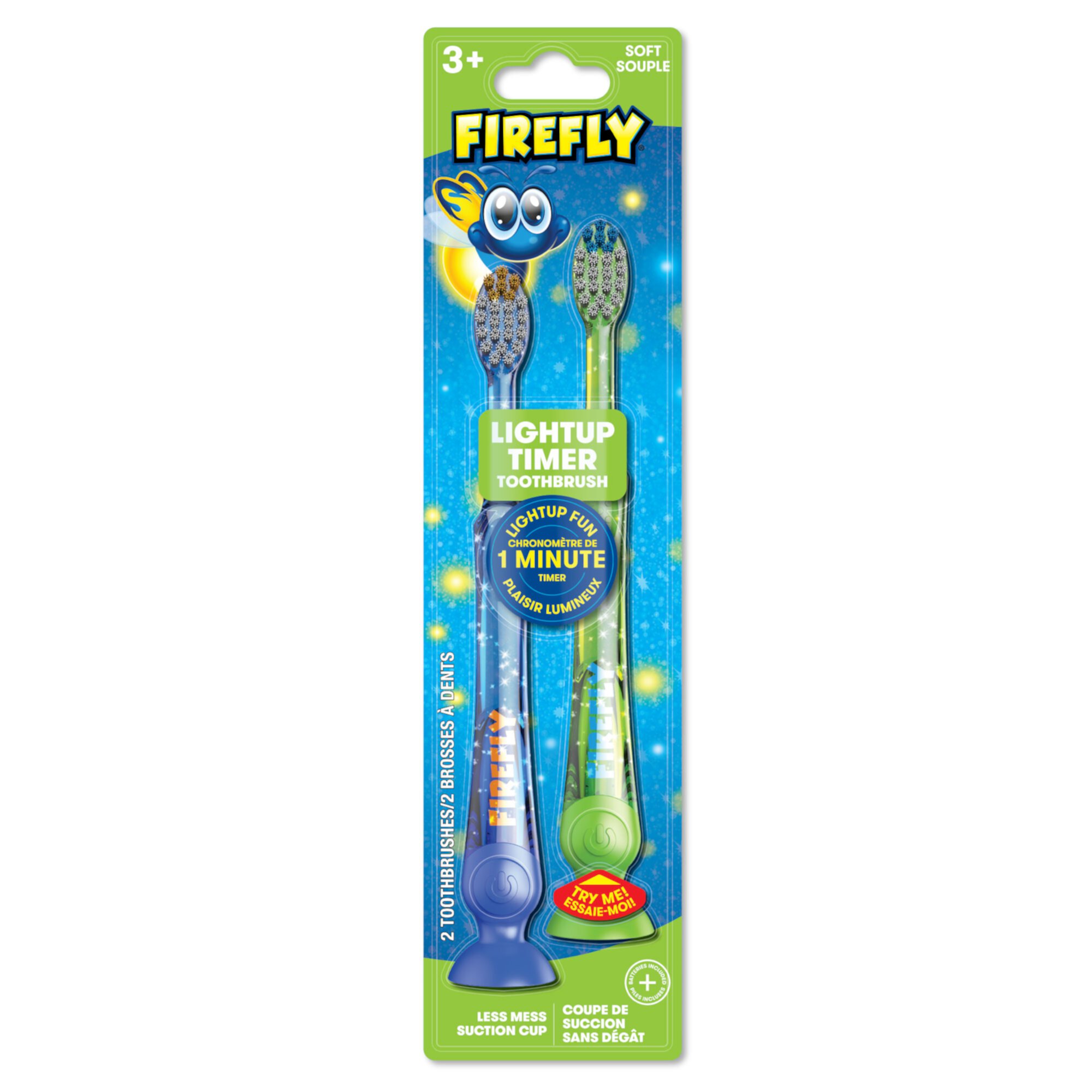 Firefly Light Up Timer Toothbrush, Premium Soft Bristles, Ages 3+, 2 Count (Colors May Vary) Firefly