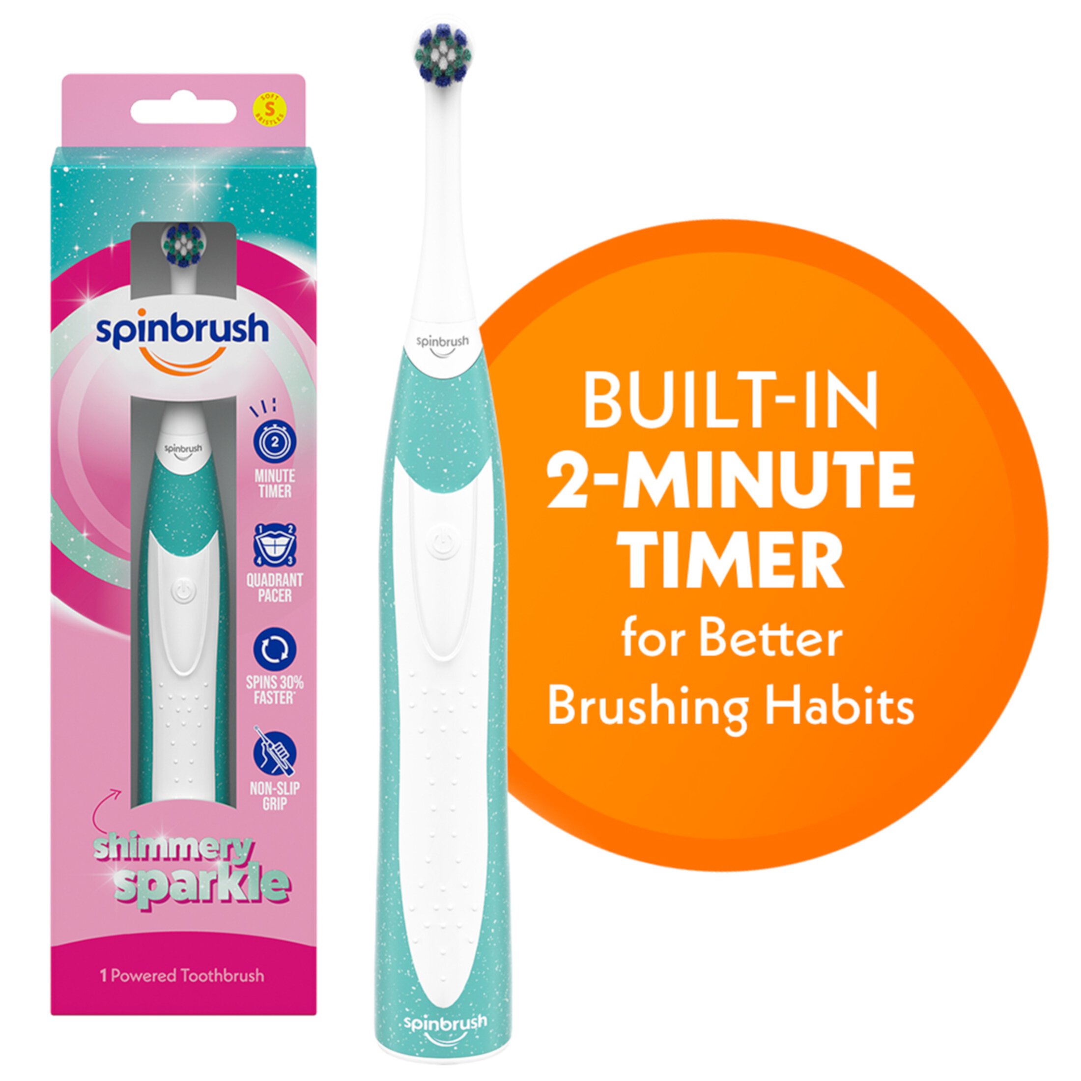 Spinbrush Kids Electric Toothbrush, Shimmery Sparkle, Battery-Powered, Ages 3+ Spinbrush