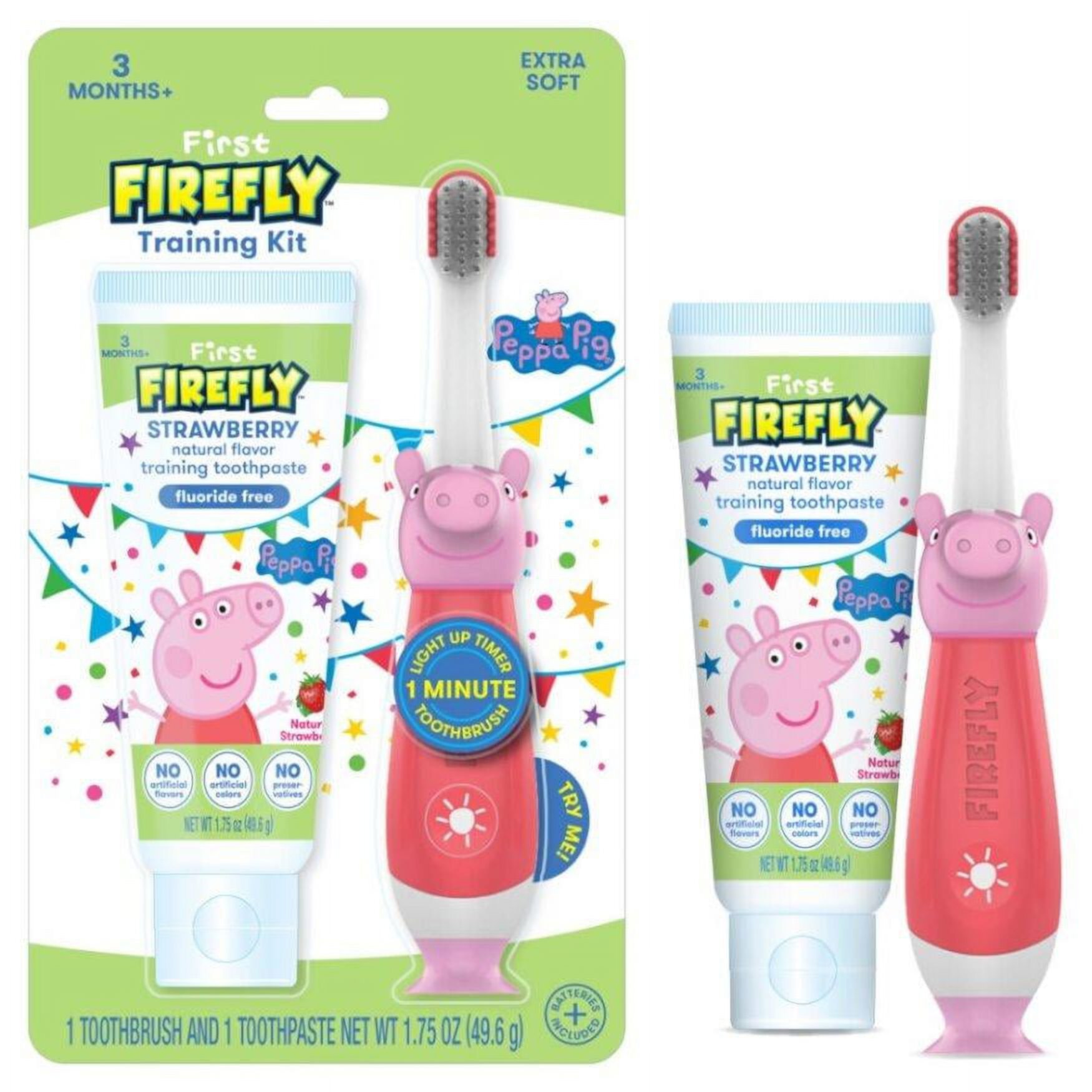 First Firefly Peppa Pig Training Kit, Light Up Kids Toothbrush and Natural Toothpaste, 3 mo+, Soft Firefly