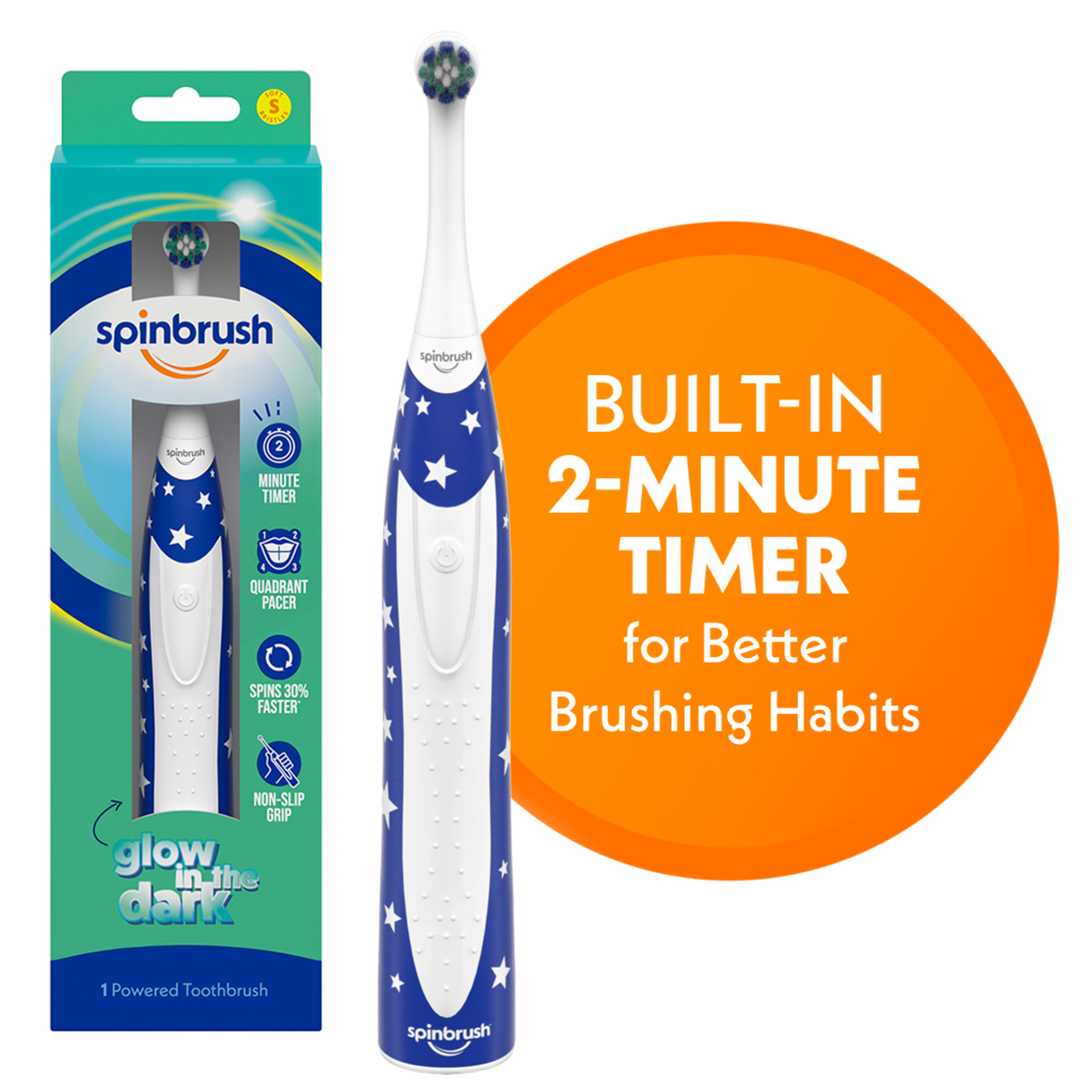 Spinbrush Kids Electric Toothbrush, Glow-In-The-Dark, Battery-Powered, Ages 3+ Spinbrush