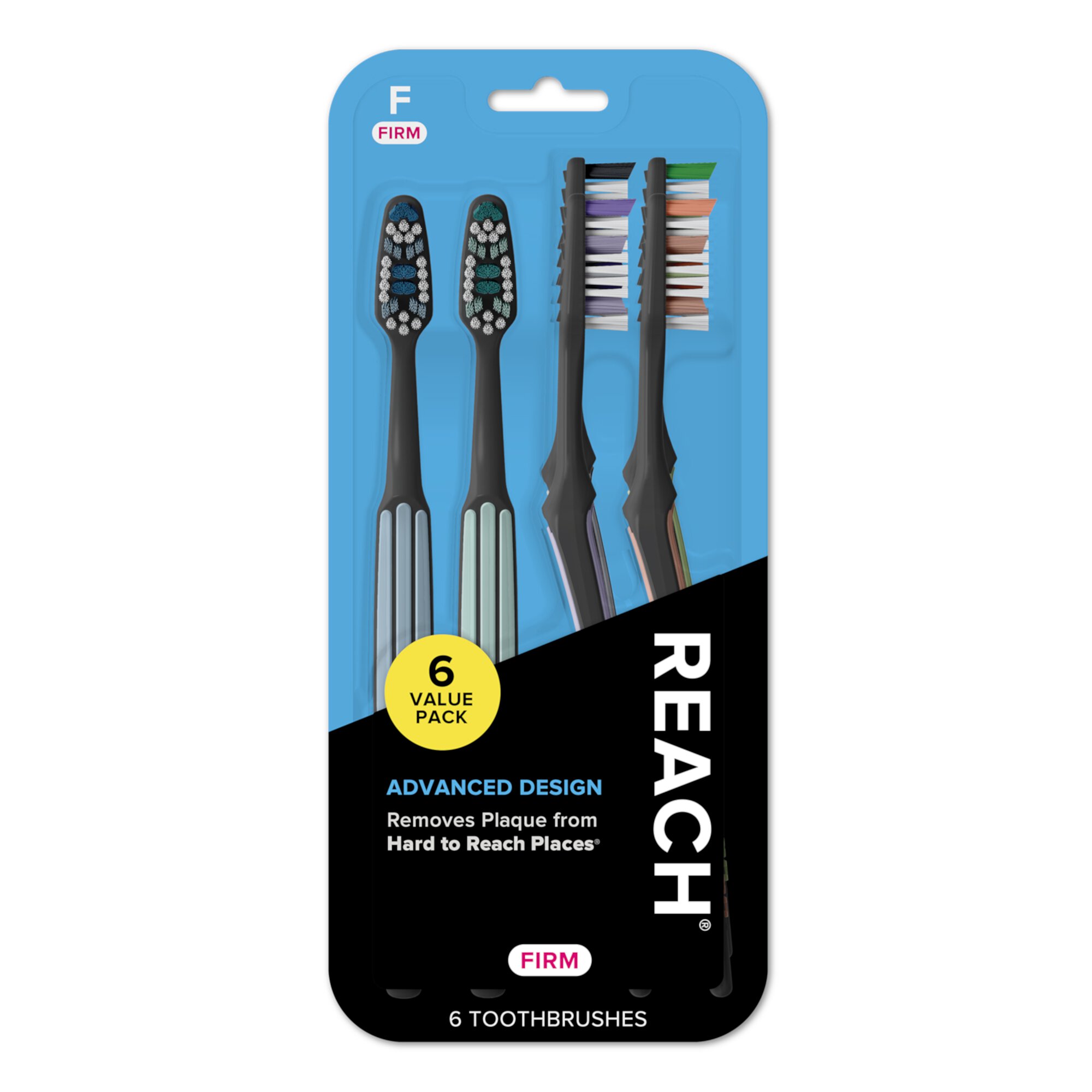 REACH Advanced Design Toothbrush, Angled Neck, Firm Bristles, 6 Count (Packaging and Color May Vary) Reach