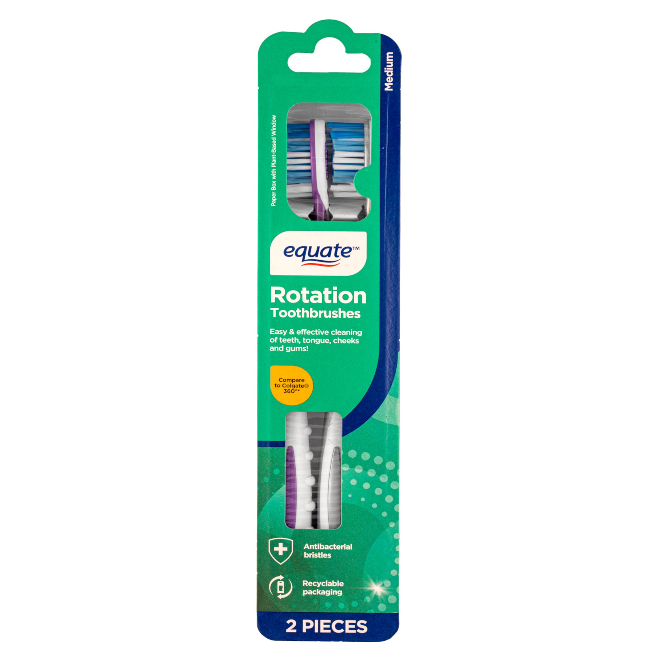 Equate Rotation, Adult Manual Medium Bristle Toothbrush with Tongue and Cheek Cleaner, 2 Count Equate