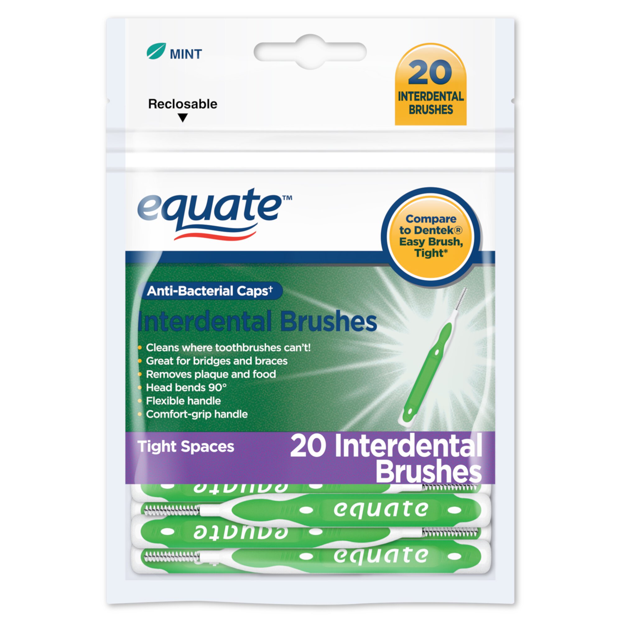 Equate Tight Mint Interdental Straight Brushes, Antibacterial Caps, Adults, Tight Bristles, 20 Count Equate