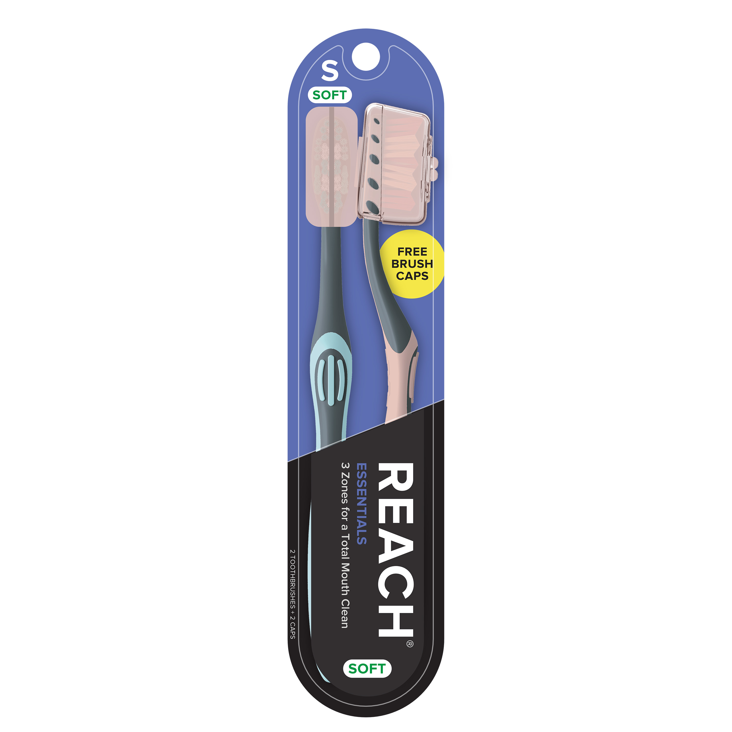 Reach Essentials Soft Bristle Toothbrush with Cap, 2ct Reach