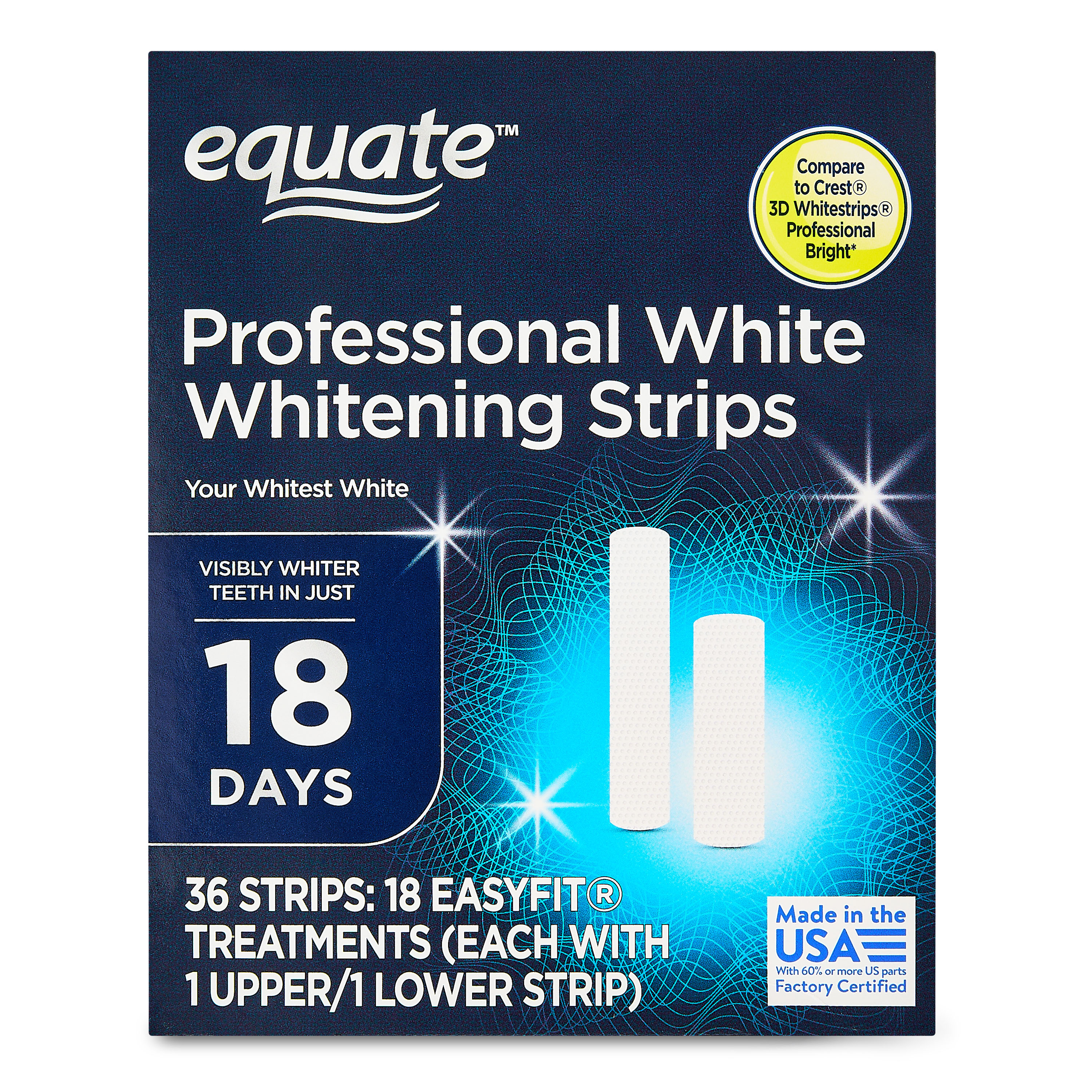 Professional White 18 Day Whitening Strips, No Mess Dry Touch Strips, Enamel Safe, 18 EasyFit Treatments Equate