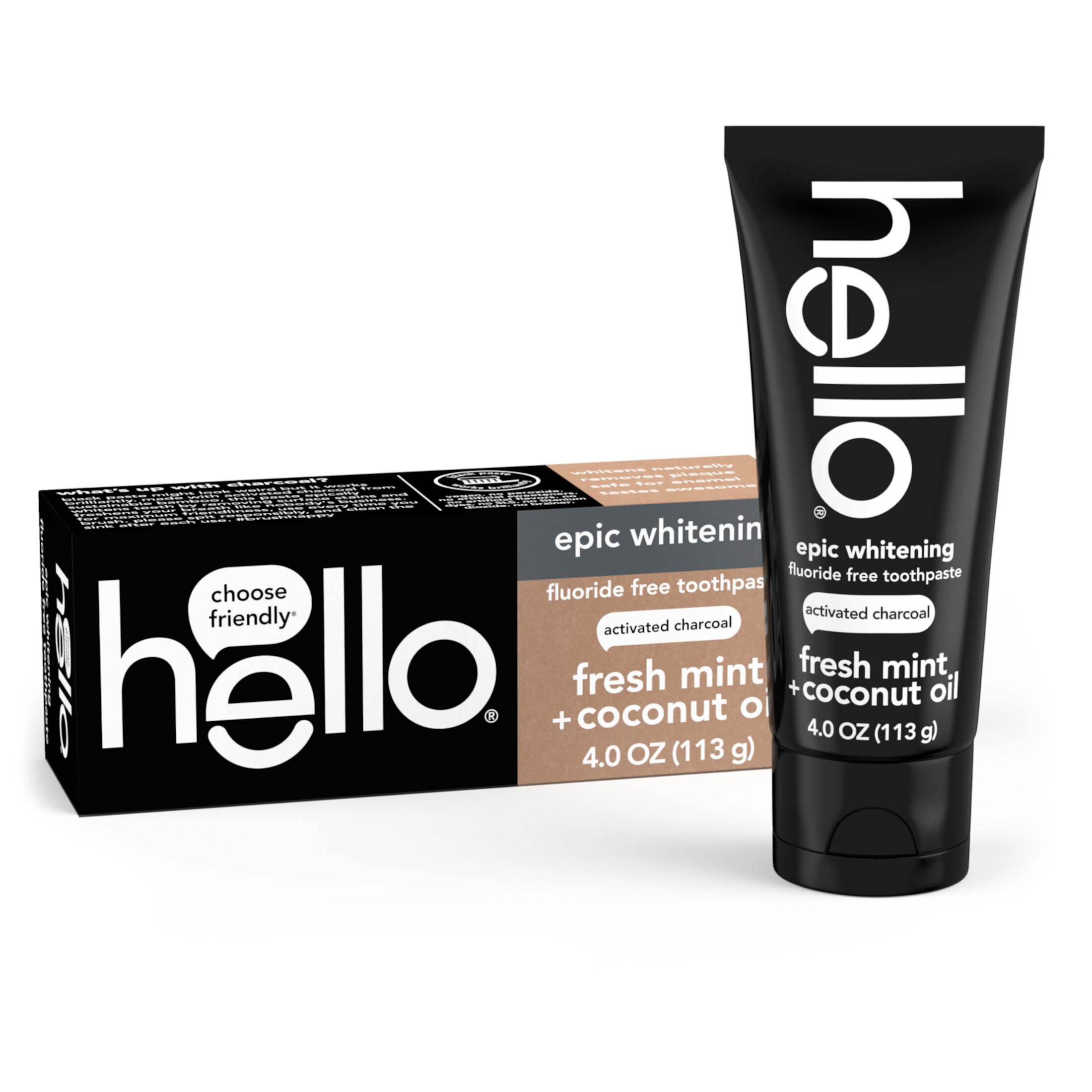 hello Activated Charcoal Epic Whitening Fluoride Free Toothpaste, Fresh Mint + Coconut Oil, Vegan & SLS Free Hello