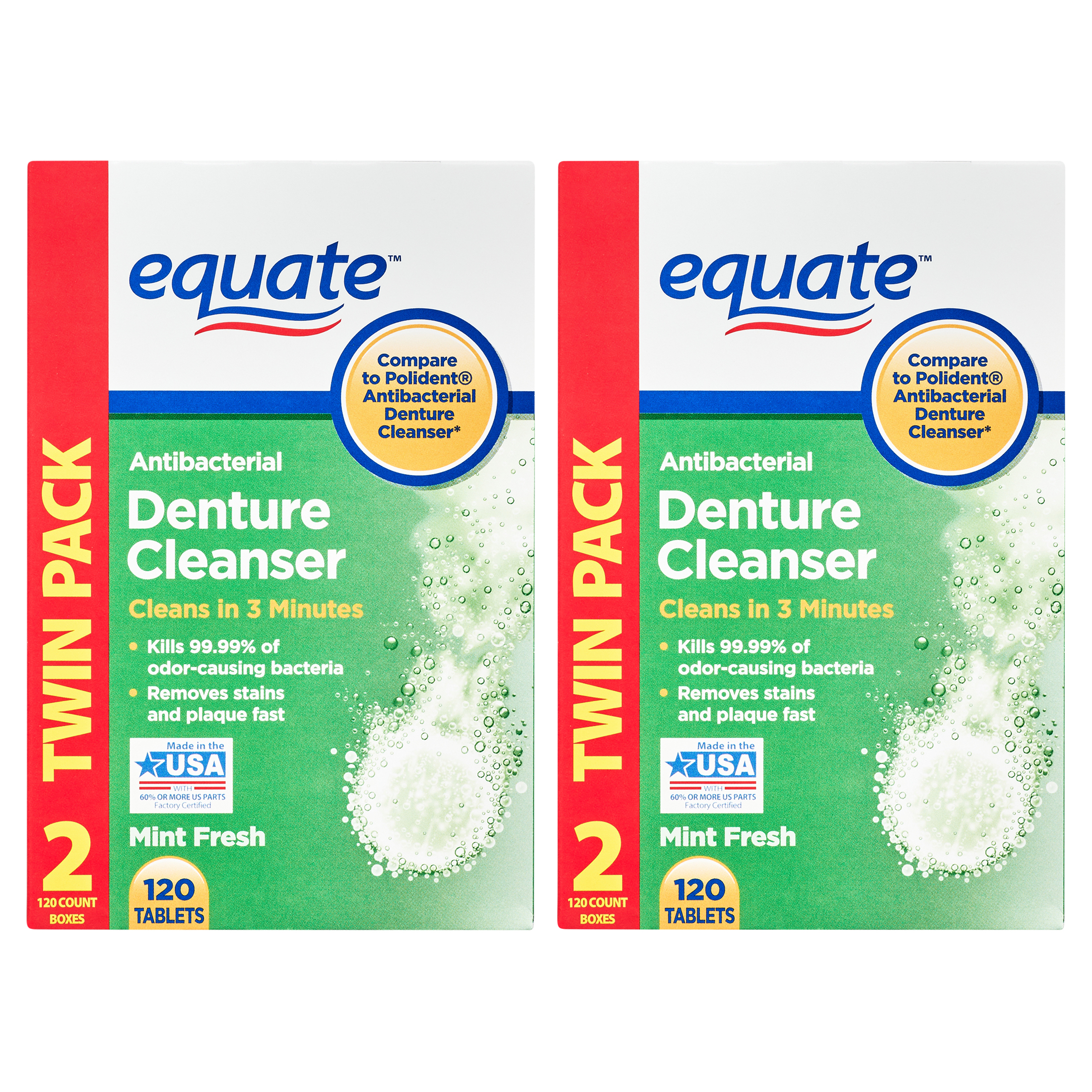 Equate Mint Fresh Antibacterial Denture Cleanser Tablets Twin Pack, 120 count, 2 pack Equate