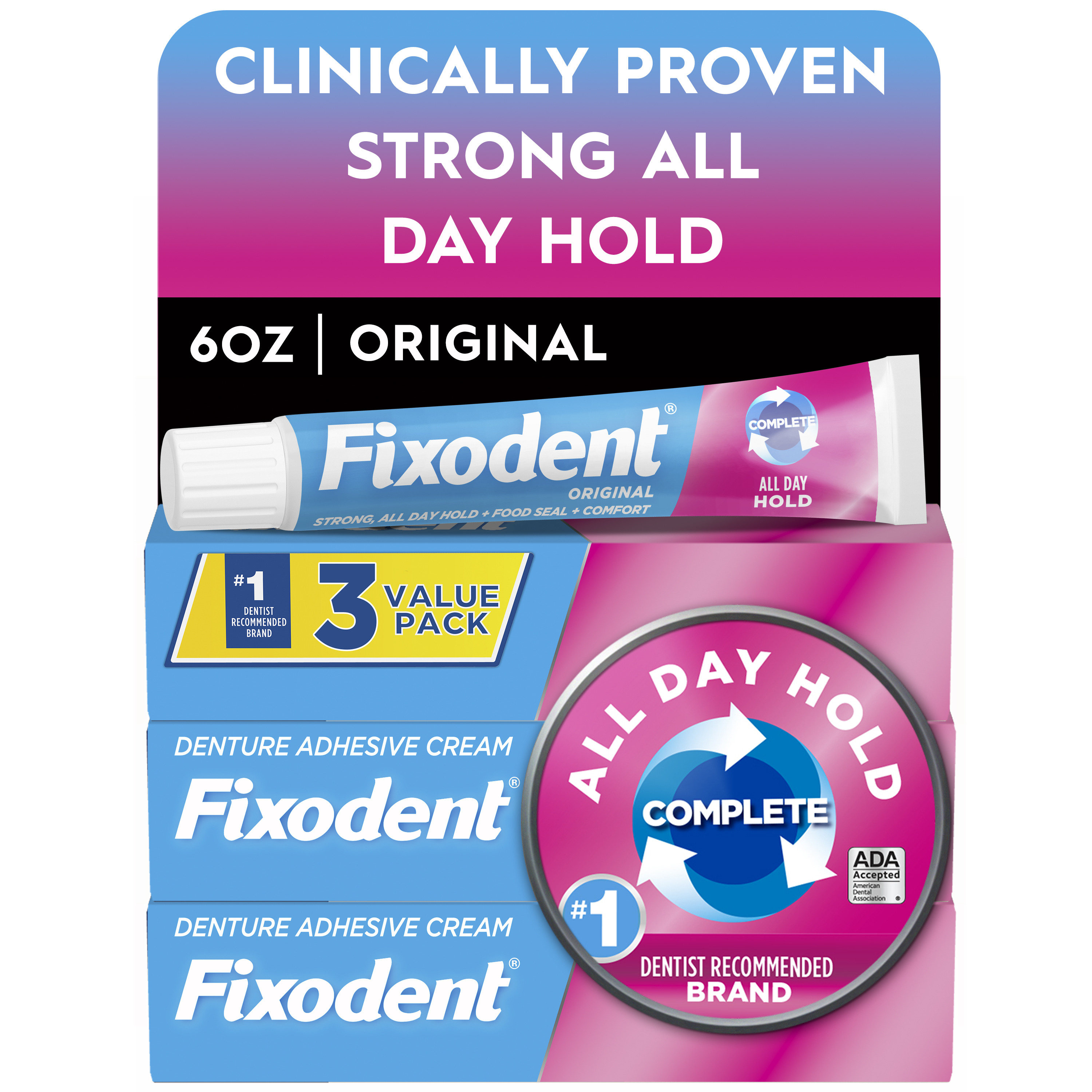 Fixodent Complete Original Denture Adhesive Cream, 2.4 oz, 3 Pack Fixodent