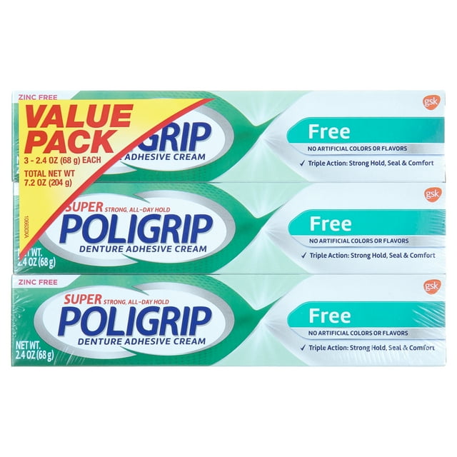 Super Poligrip Denture and Partials Adhesive Cream, 2.4 oz, 3 pack, for Adults Super Poligrip