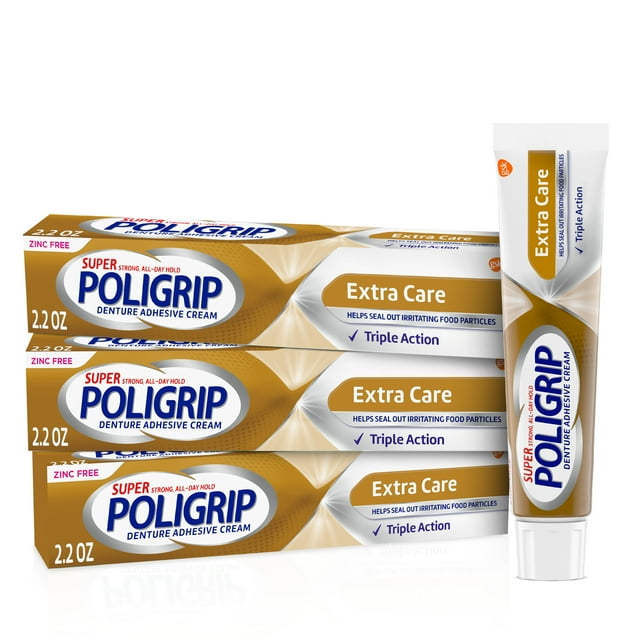 Super Poligrip Extra Care Denture Adhesive Cream - 2.2 Oz  (Pack of 3), for Adults Super Poligrip