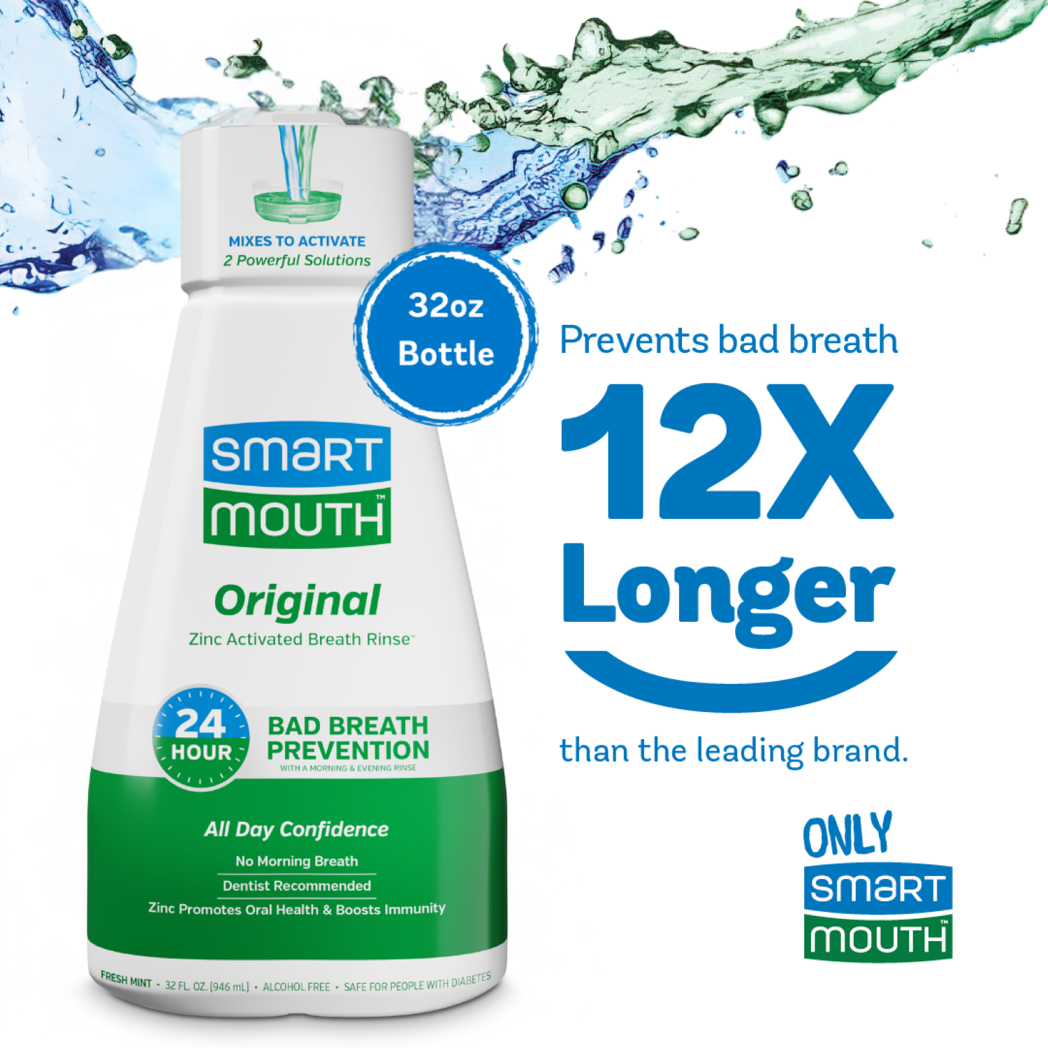 SmartMouth Original Activated Dual-Solution Breath Rinse Mouthwash, Fresh Mint, 32 fl oz SmartMouth