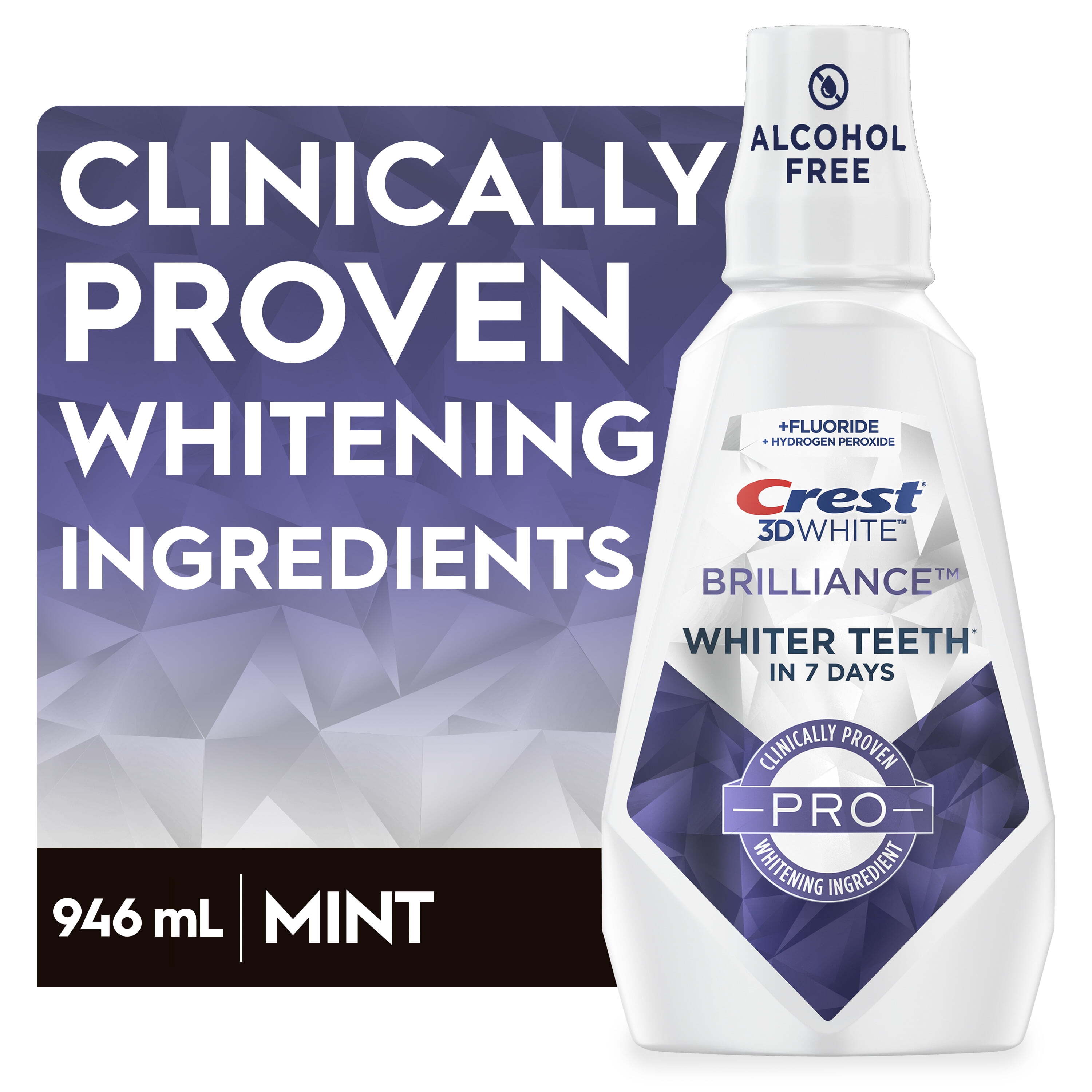 Crest 3D White Brilliance Pro Whitening Mint Mouthwash, 1L, (33.8 fl oz) ,Alcohol Free Crest