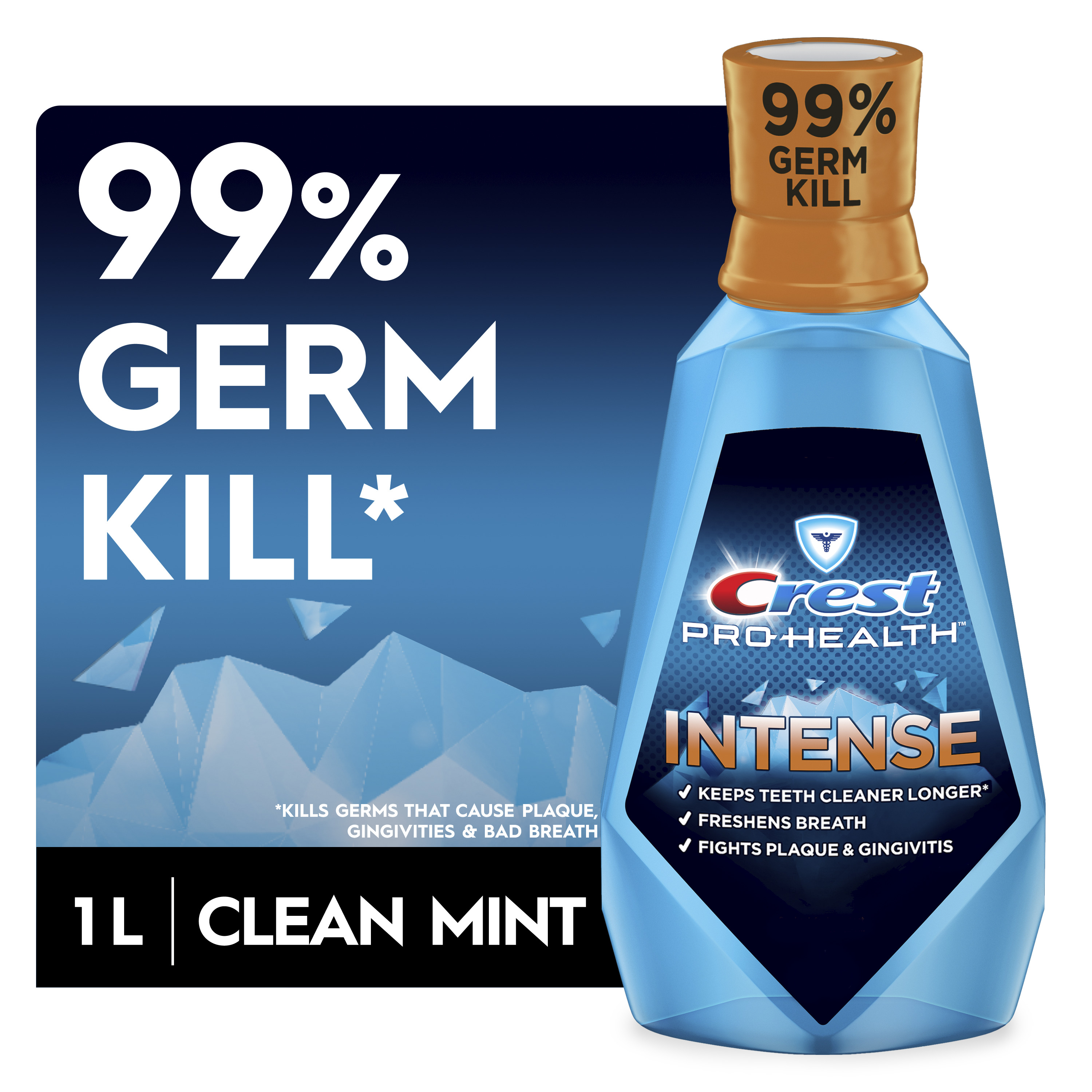 Crest Pro-Health Intense Mouthwash/Mouth Rinse, Clean Mint - 1 L , 99% Germ Kill Crest