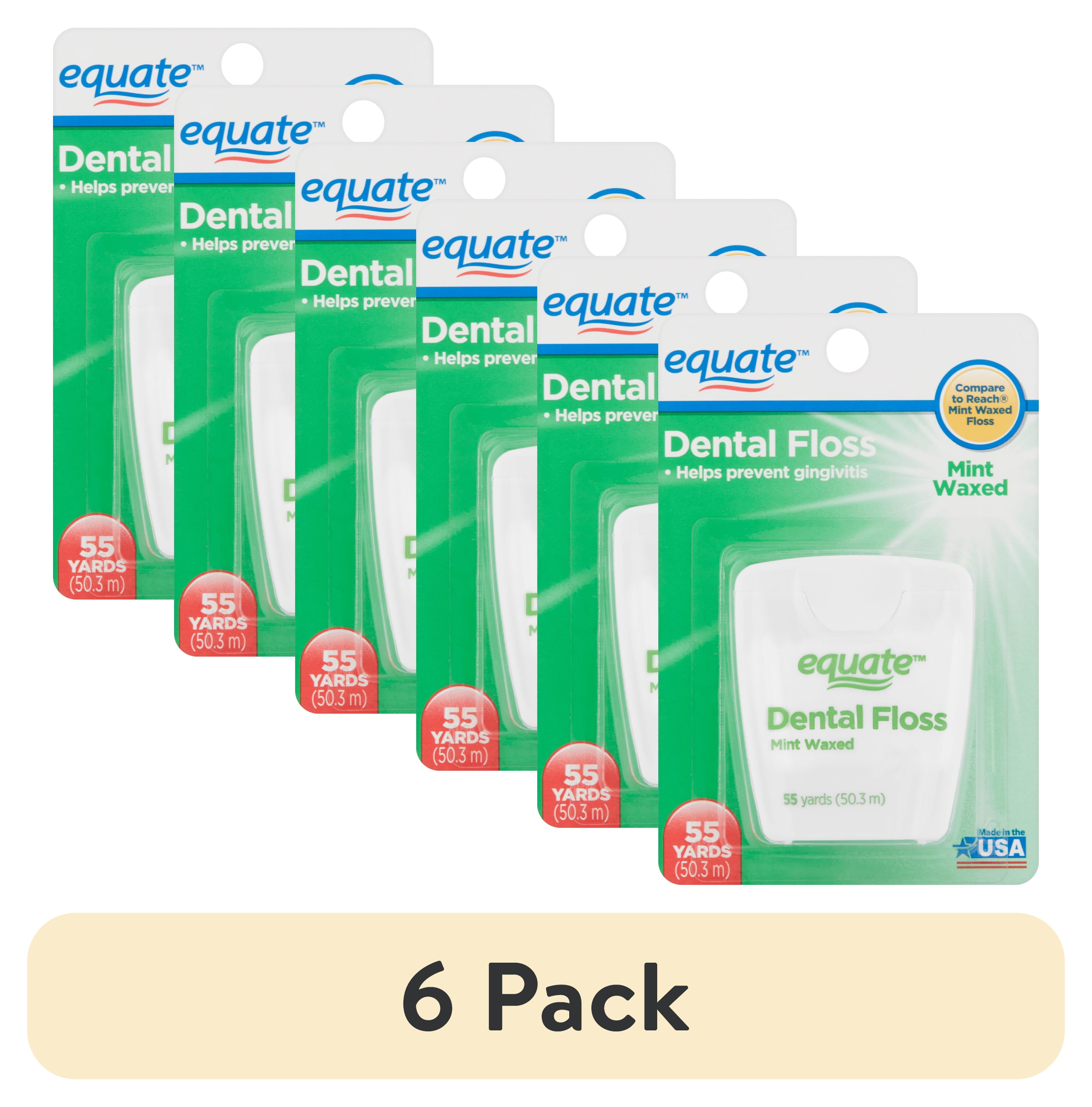 (6 pack) Equate Mint Waxed Dental Floss, Removes Plaque and Food Debris, Stimulates Gums, Gentle Cleaning, Nylon Floss, 55 Yds Equate