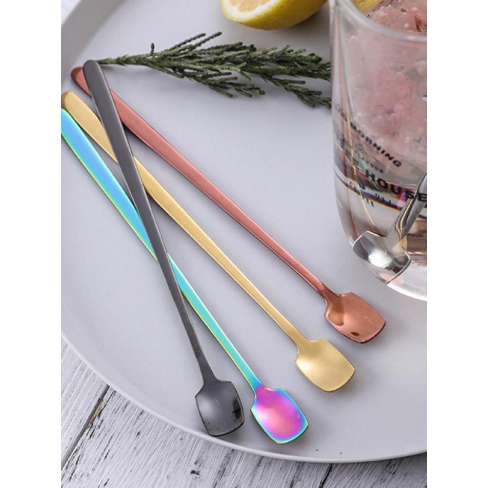 Stainless Steel Coffee Ice Spoon Square Head Color Long Handle Coffee Milk Tea Mixing Spoon Square Ice Spoon Mark Cup Spoon Popvcly