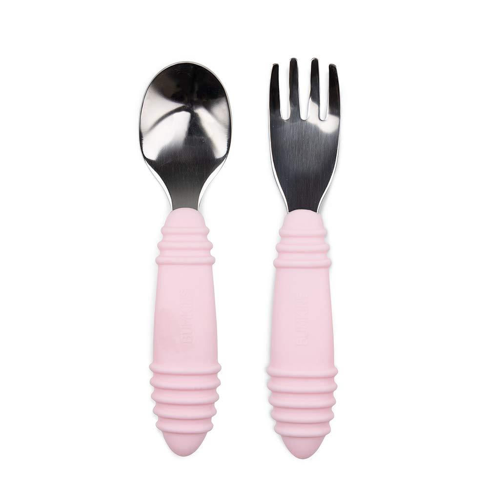 Bumkins Juego de Tenedor y Cuchara para Niños Pequeños, Utensilios de Acero Inoxidable y Silicona para Bebés y Niños Mayores de 18 Meses (Rosa) Bumkins