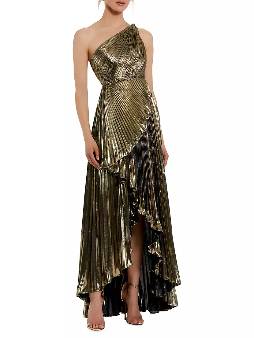 Женский Сарафан MAC DUGGAL Metallic Pleated One-Shoulder Faux-Wrap MAC DUGGAL