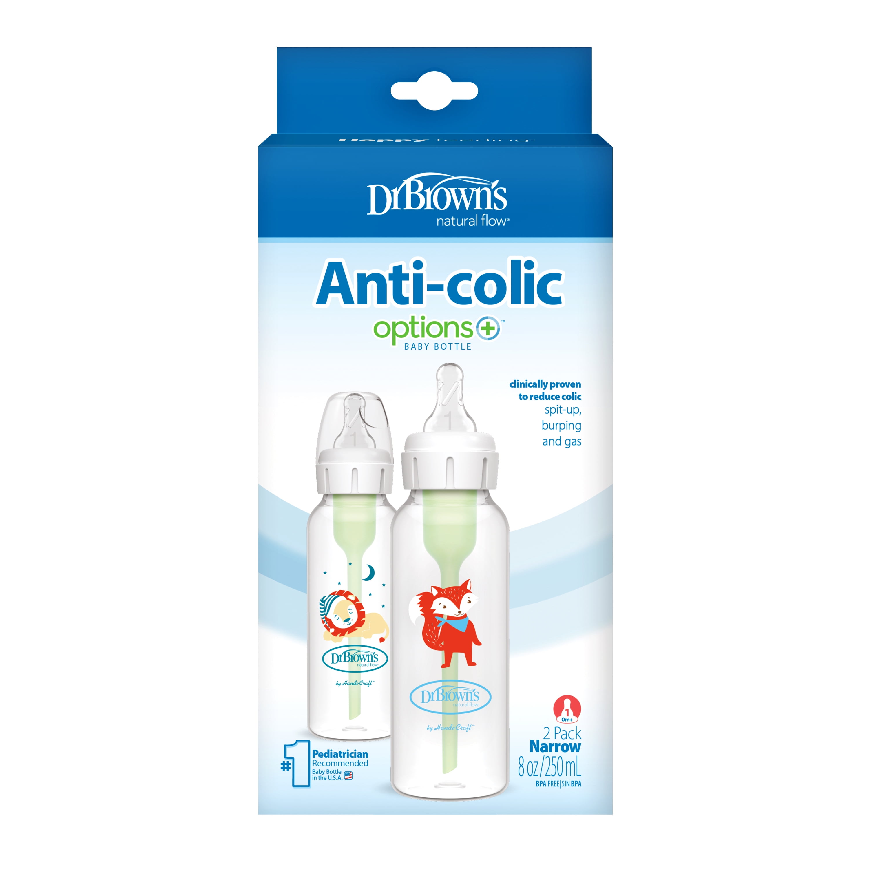 (2 pack) Dr. Brown's Natural Flow Anti-Colic Options+ Narrow Baby Bottle, Fox & Lion, 8 oz/250 mL, with Level 1 Slow Flow Nipple, BPA Free, 0m+, 2-Pack Dr. Brown's