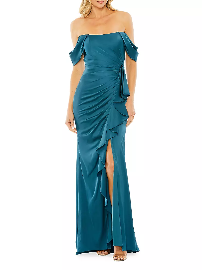 Off-The-Shoulder Draped Column Gown MAC DUGGAL