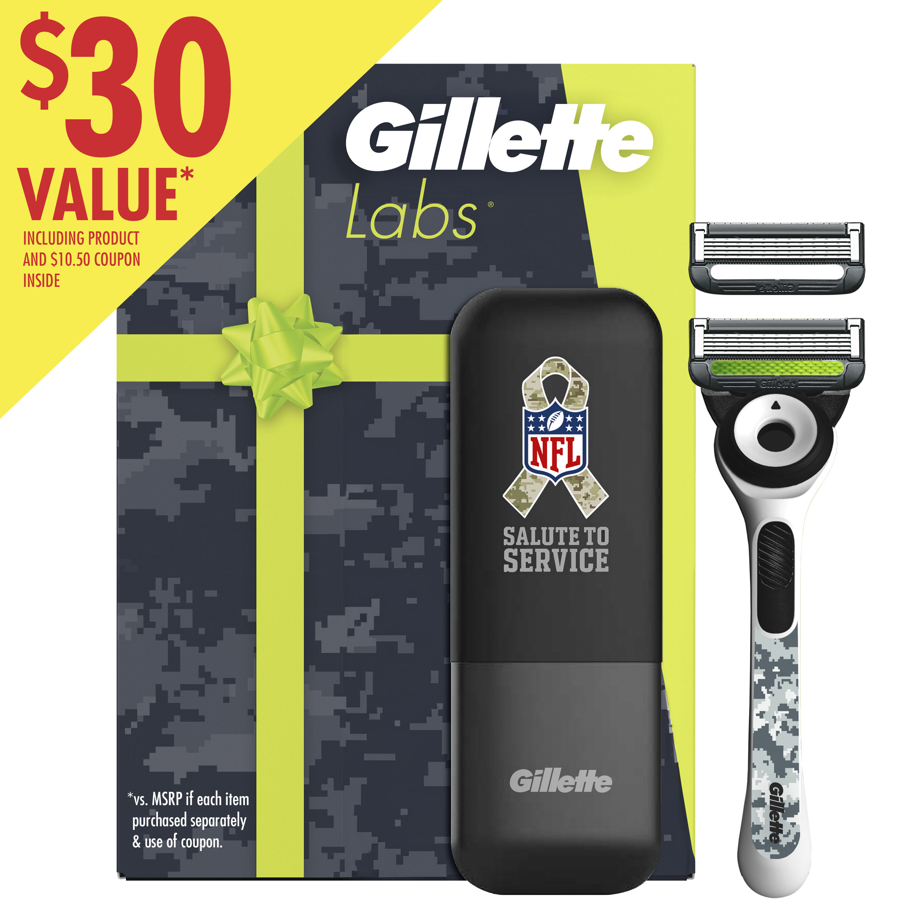 Gillette Labs Razor for Men NFL Salute to Service Arctic Camo Edition, Gillette Holiday Pack Gift Set - 1 Handle, 2 Razor Blade Refills, Includes Premium Travel Case Gillette