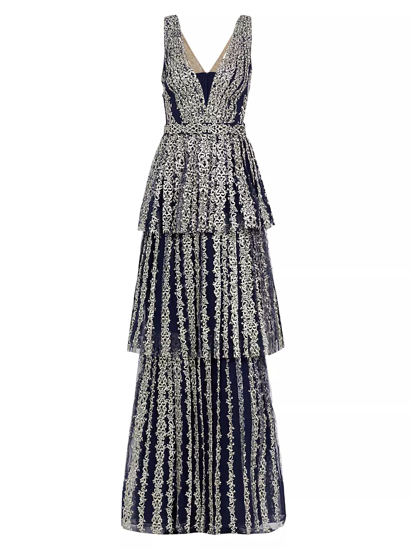 Женское Повседневное Платье Marchesa Notte Metallic Filigree Tiered Gown Marchesa Notte