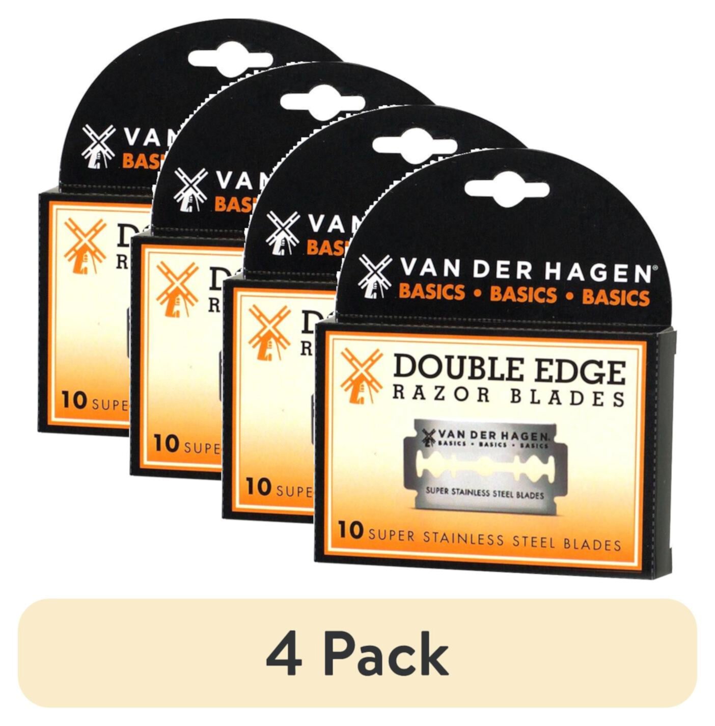 (4 pack) Van Der Hagen Basics Double Edge Razor Blades, Stainless Steel, Men, 10 Count Van Der Hagen