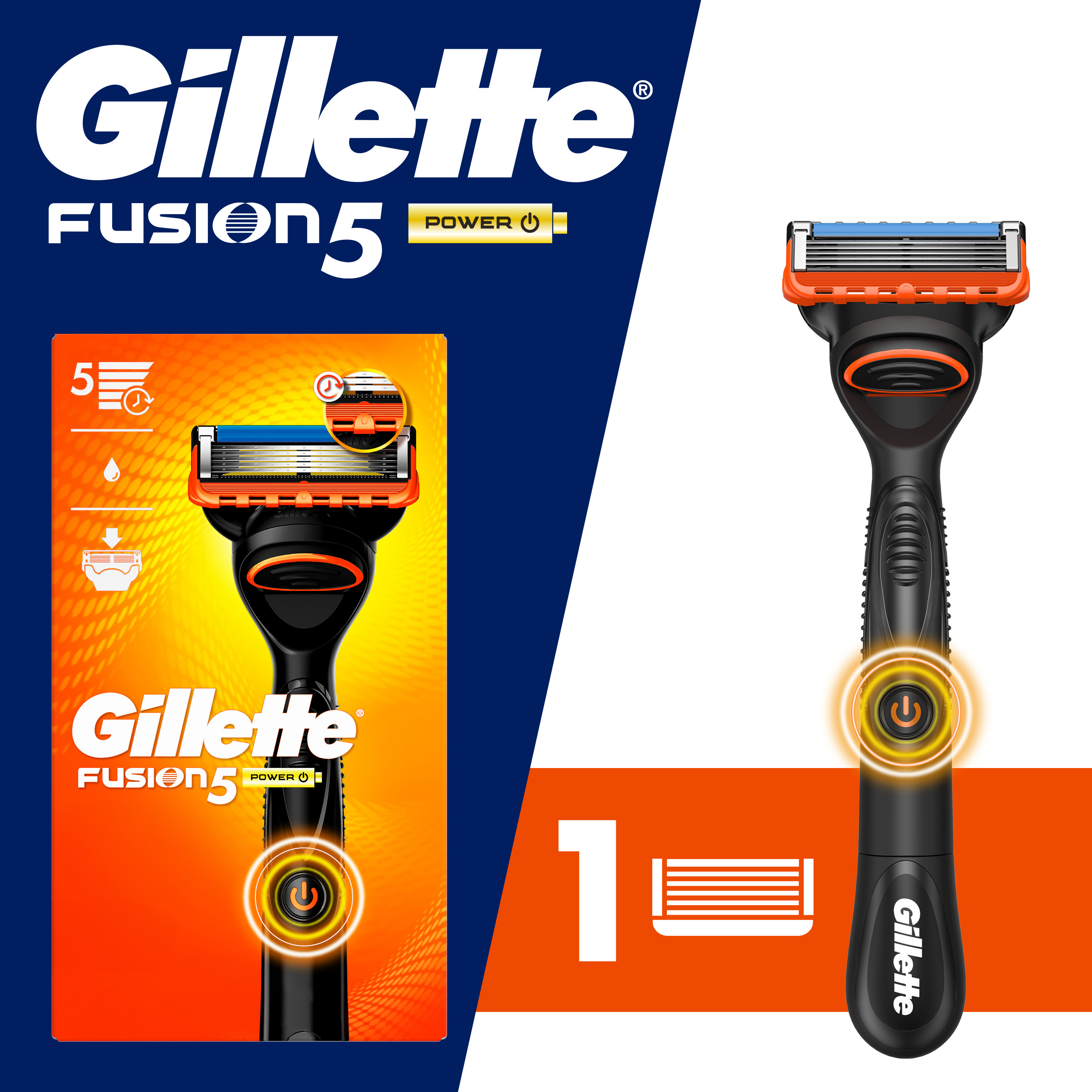 Gillette Fusion5 Power Men's Razor Handle, Orange, 1 Blade Refill Gillette