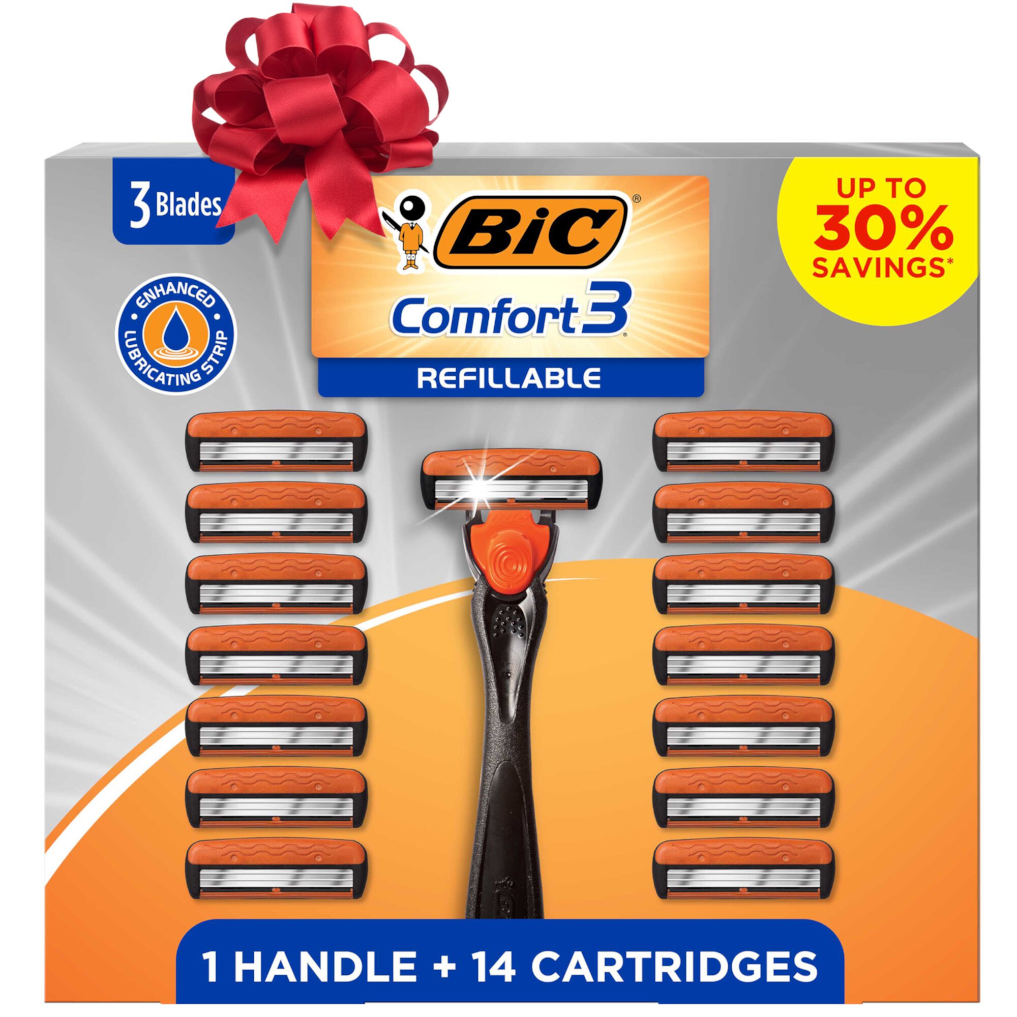 BIC Comfort 3 Refillable Men's Razors, 3-Blade Razors, 1 Handle and 14 Cartridges, 15-Piece Gift Set for Him BIC