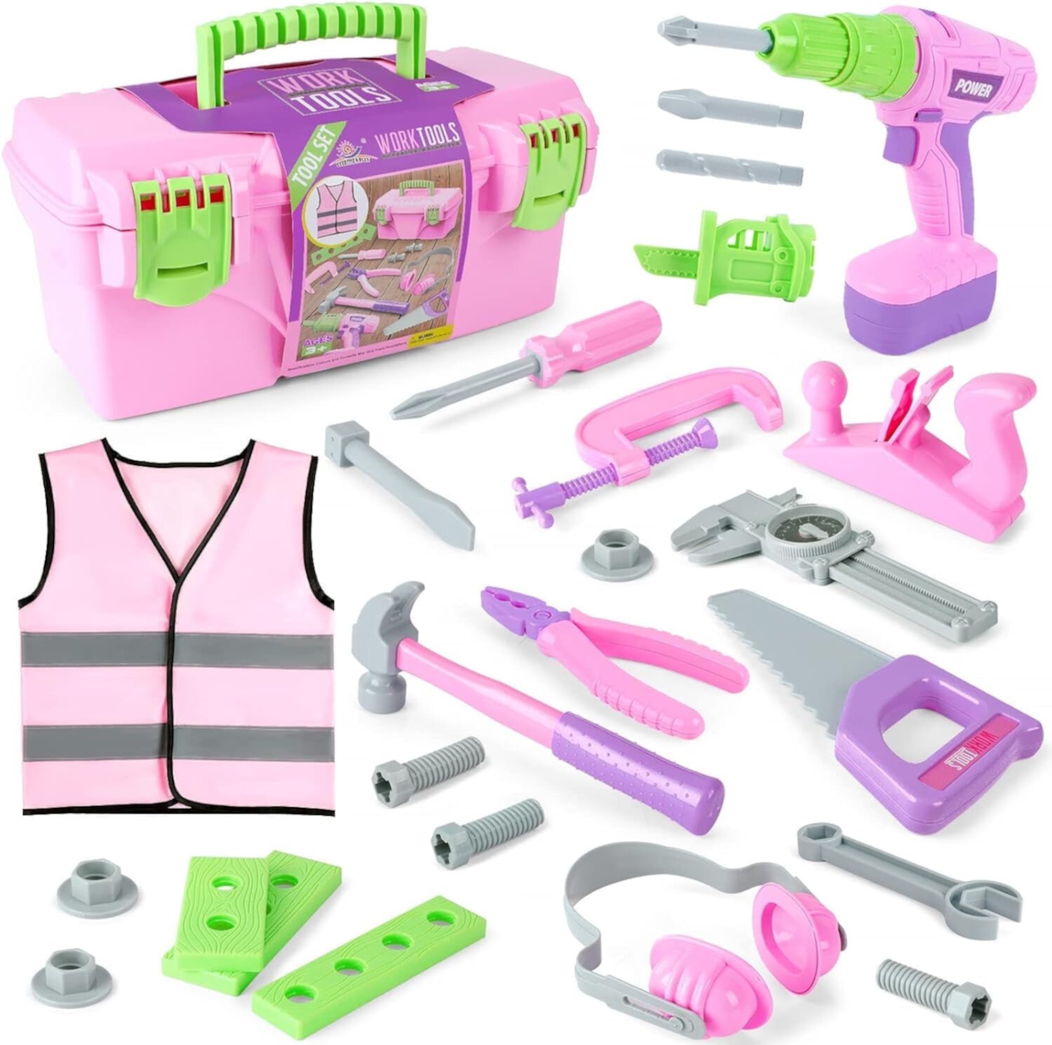 Kids Tools Set, Juguete de Play Simulado con Taladro Eléctrico, Kit de Herramientas Rosa con Rompecabezas de Martillo, Caja de Herramientas de Regalo de Navidad para Niñas Pequeñas a Partir de 3 Años EXERCISE N PLAY