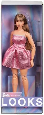 Barbie Looks Doll, Collectible No. 24 with Brown Hair & Modern Y2K Fashion, Shimmery Pink Strapless Dress with Peep-Toe Heels Mattel