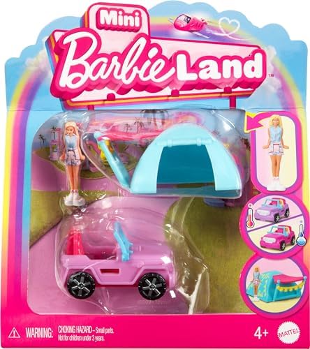 Набор игрушек Mini BarbieLand с куклой 1,5 дюйма, SUV с цветовой трансформацией и палаткой Barbie