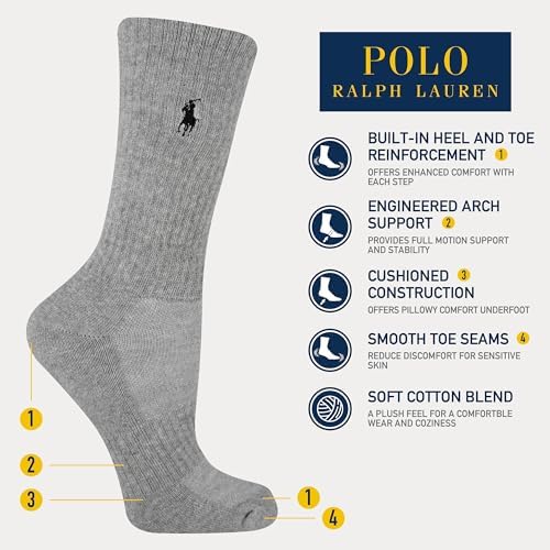 POLO RALPH LAUREN Womens Performance Cotton Crew Socks 6 Pair Pack Breathable Mesh and Sport Cushioning Polo Ralph Lauren