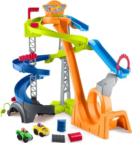 Fisher-Price Little People Toddler Toy Hot Wheels Spiral Stunt Speedway Race Track Playset with 2 Cars for Pretend Play Kids Ages 18+ Months Fisher-Price