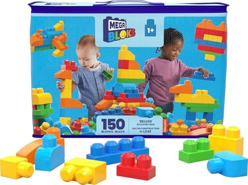 MEGA BLOKS First Builders Toddler Blocks Toys Set, Deluxe Building Bag with 150 Pieces and Storage, Blue, Ages 1+ Years Mega