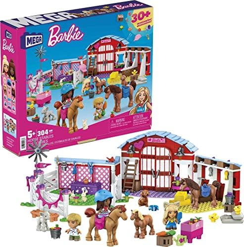 Mega Barbie Pets Horse Toy Building Set with 3 Micro-Dolls and Accessories, 9 Pets, Easy-to-Build Horse Stables Playset, Mega