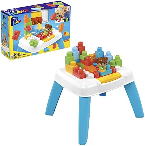 Mega BLOKS Fisher-Price Toddler Blocks Toy Set, Build ‘n Tumble Activity Table with 25 Pieces and Storage, 1 Figure, Blue, Ages 1+ Years Mega