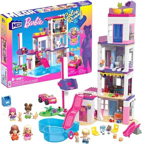 Mega Barbie Color Reveal Building Toys Set, DreamHouse with 545 Pieces, 5 Micro-Dolls, 6 Pets and Accessories, 30 + Surprises, Kids Ages 6+ Years Mega