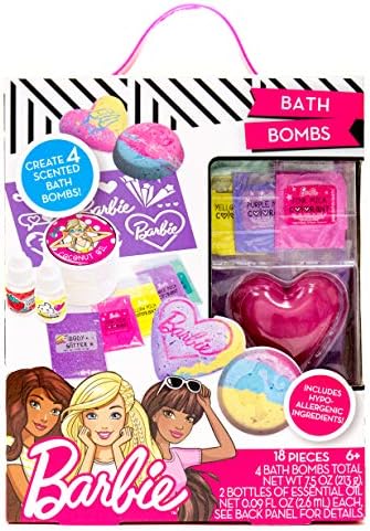 Barbie Make Your Own Bath Bomb Kit by Horizon Group USA, DIY Four Custom Colorful & Sweet-Smelling Bath Bombs, Includes Stencil, Glitter, Molds, Fragrances & More, Pink, Yellow, Teal & Purple Barbie