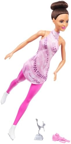 Barbie Careers Fashion Doll & Accessories, Brunette Ice Skater in Removable Pink Outfit with Ice Skates & Trophy Barbie