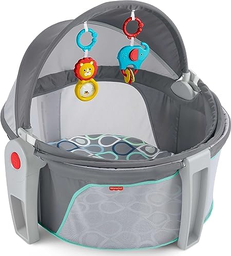 Fisher-Price Portable Bassinet On-The-Go Baby Dome, Travel Play Space with Developmental Newborn Toys & Canopy, Grey Bubbles Fisher-Price