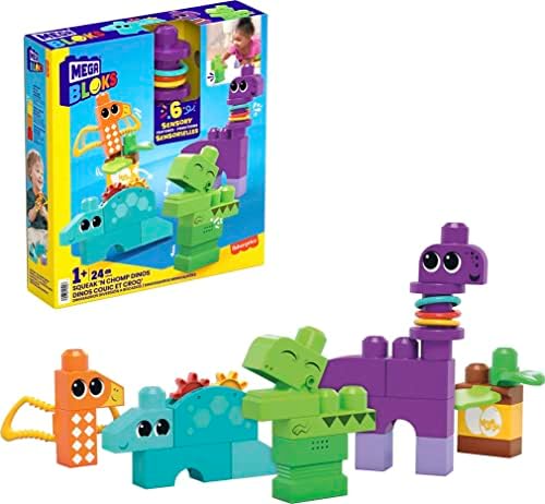 Mega BLOKS Fisher-Price Toddler Building Blocks Toy Set, Squeak ‘n Chomps Dinos with 24 Pieces, 4 Buildable Animals, Ages 1+ Years Mega