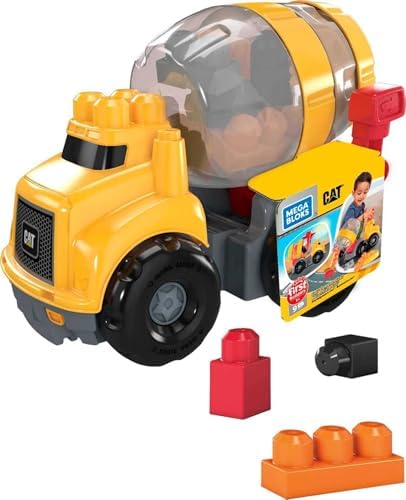 Mega BLOKS Cat Toddler Blocks Building Toy Set, Cement Mixer Truck with 9 Pieces and Storage, Yellow, Ages 1+ Years Mega