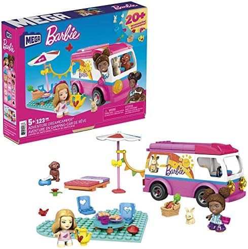 MEGA Construx Barbie Kids Building Toy Set, Adventure DreamCamper with 123 Pieces, 2 Micro-Dolls, Furniture and Accessories, Pink, Ages 5+ Years Mega