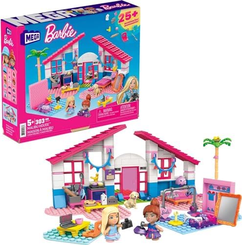 MEGA Construx Barbie Kids Building Toy Set, Malibu House with 303 Pieces, 2 Micro-Dolls, Furniture and Accessories, Ages 5+ Years Mega