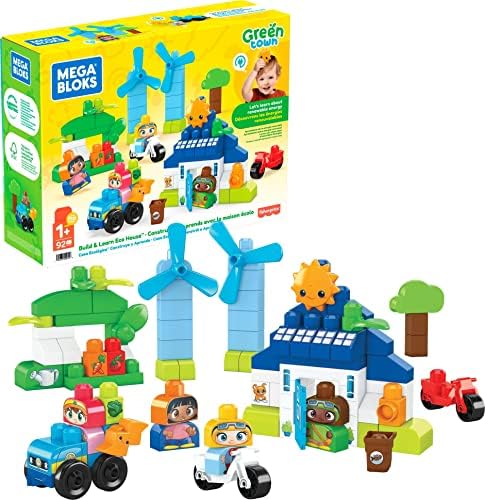 Mega BLOKS Fisher-Price Toddler Blocks Toy Set, Green Town Build ‘n Learn Eco House with 88 Pieces, 4 Figures, Ages 1+ Years Mega