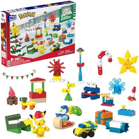 MEGA Pokémon Building Toys Set, Holiday Calendar with 202 Pieces, 2 Poseable Characters and Accessories, for Kids Mega