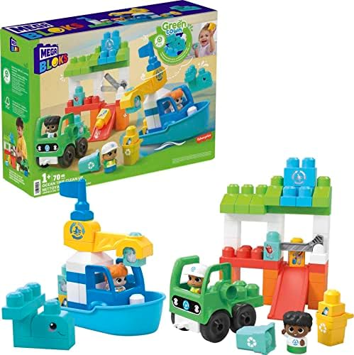 MEGA BLOKS Fisher-Price Toddler Building Blocks Toy Set, Green Town Ocean Time Clean Up with 70 Pieces, 3 Figures, Ages 1+ Years Mega