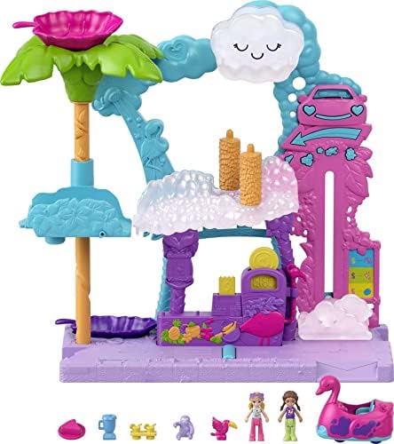 Polly Pocket Playset, Pollyville Flamingo Fun Car Wash with 2 Micro Dolls, Toy Car, Water Play & Color-Change Accessories Polly Pocket