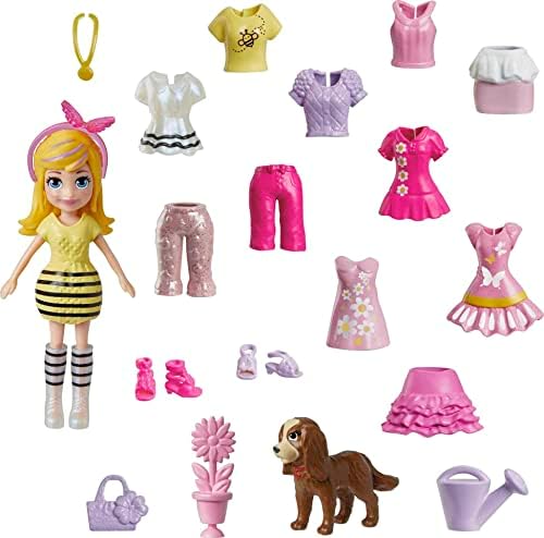 Polly Pocket Travel Toy with 3-inch Doll & 18 Accessories, Puppy & Flower-Themed Fashion Pack Polly Pocket